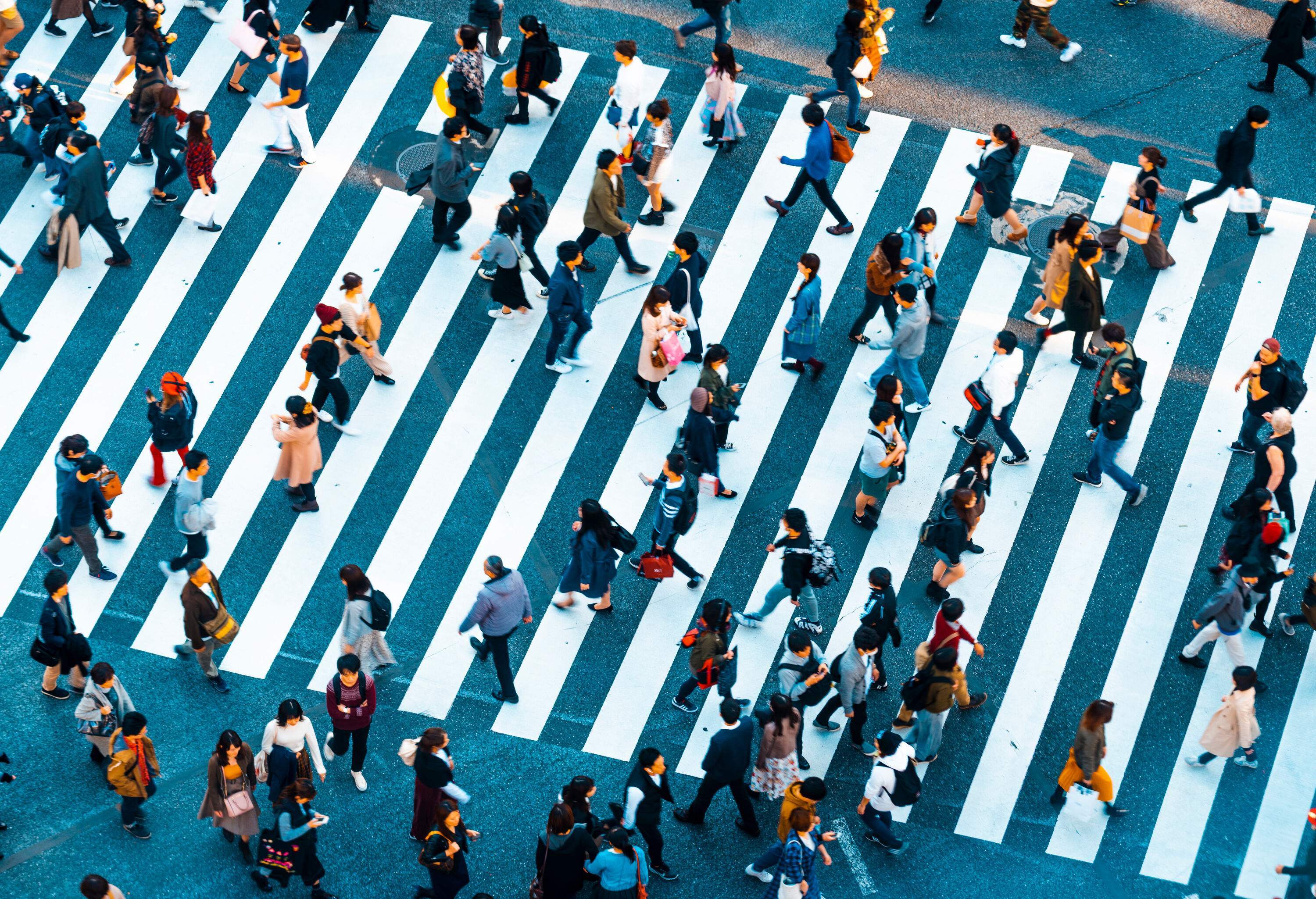 People crossing a roadway on a pedestrian lane.