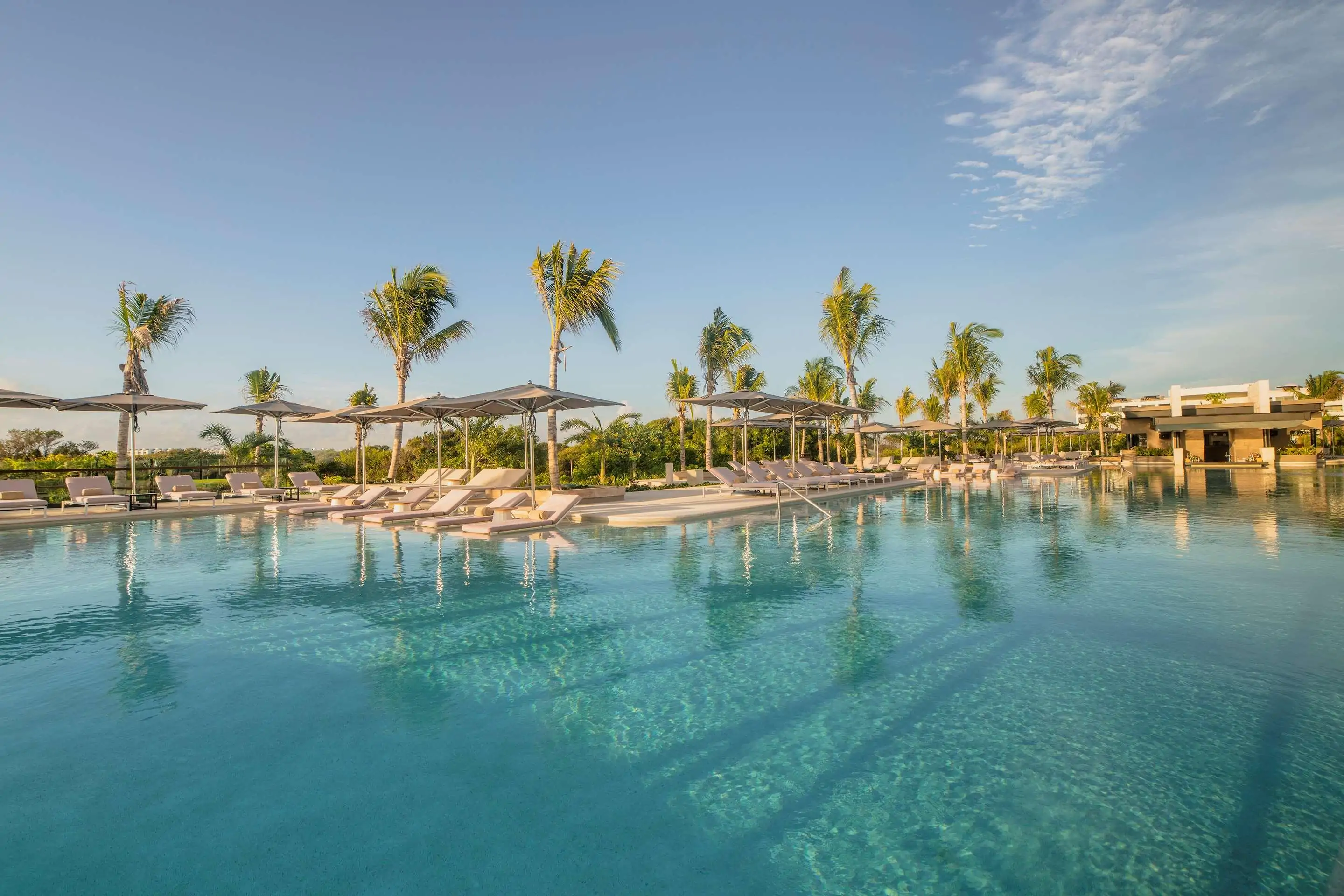 Luxurious resort pool with sun loungers, umbrellas, palm trees, and clear blue sky.